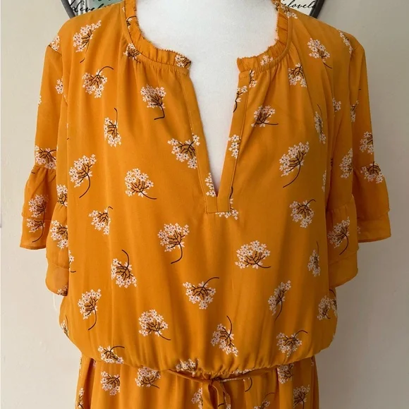 Mustard Yellow Floral Ruffle Sleeve Drawstring Waist Mini Dress XL - Picture 5 of 9